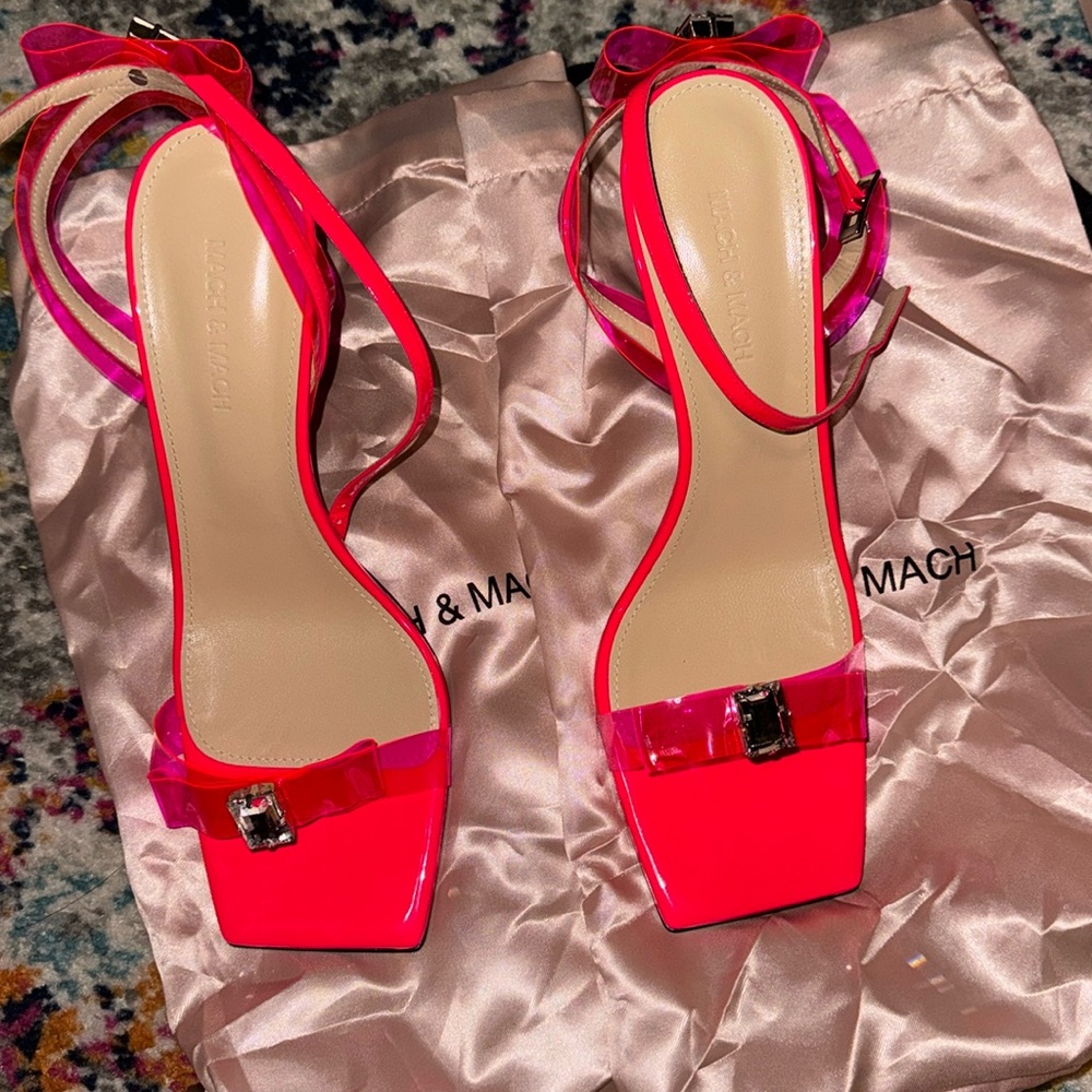 Mach & Mach Hot Pink French Bow Square Toe Strappy Sandal Heel - Size 42
